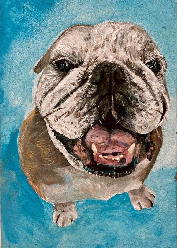 Commissioned painting of a happy bulldog looking up at viewer with mouth open.