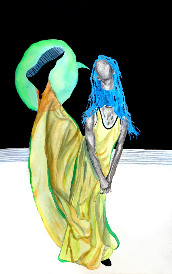 Painting of woman kicking with blue heair.