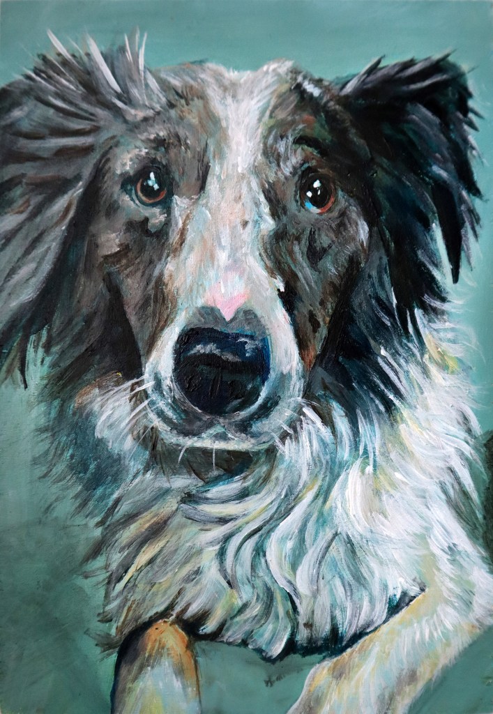 Commissioned painting of a dog with a white nose and shaggy hair.